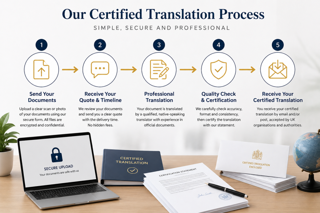 Five-step certified translation process from document upload and quotation to quality checking and final delivery
